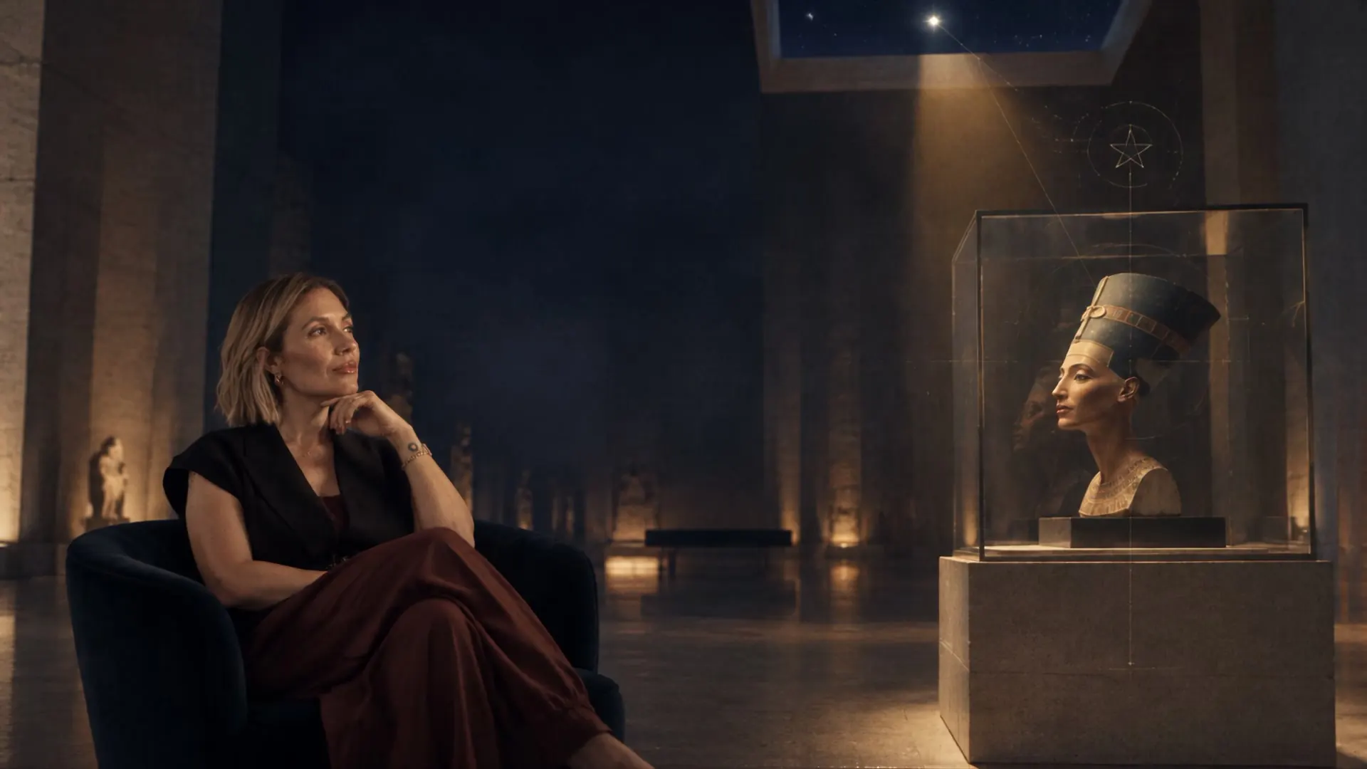 Aripka Maia sentada frente al busto de Nefertiti en una sala de museo de noche