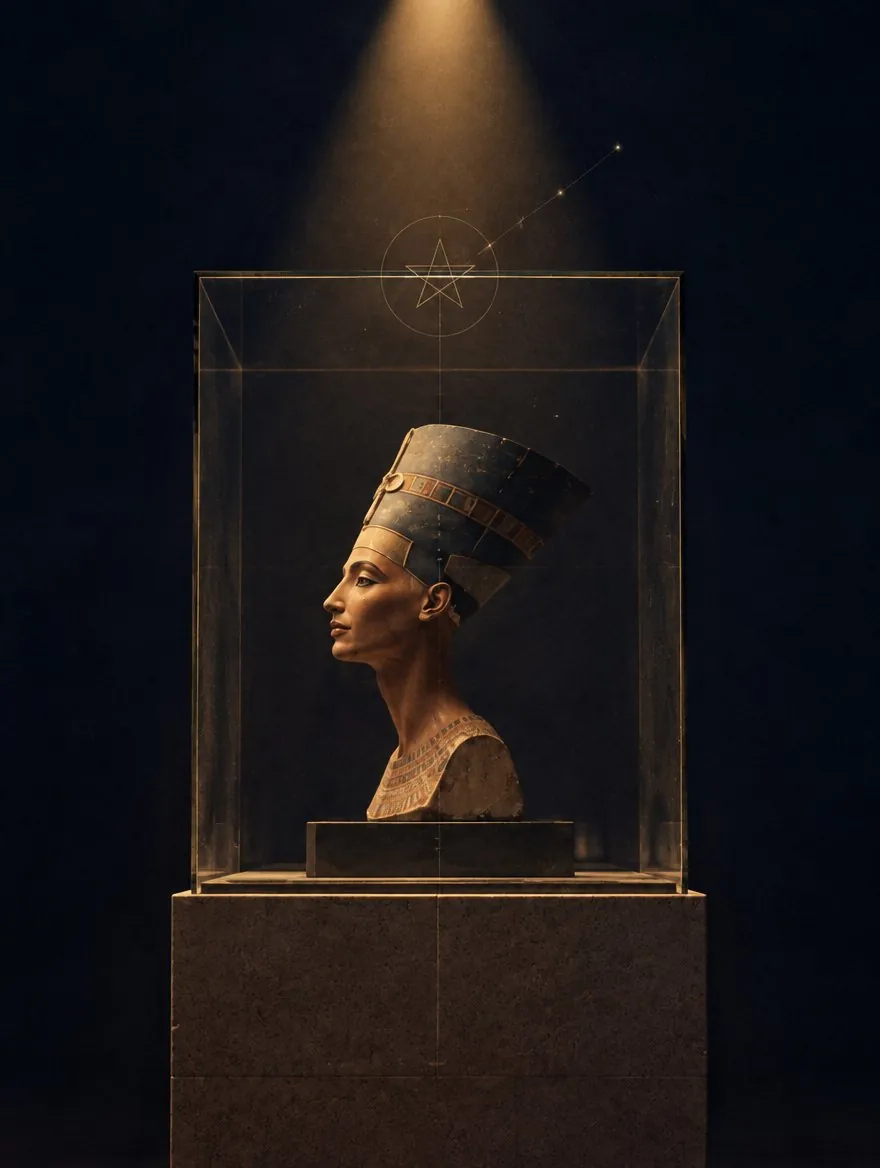 Busto de Nefertiti de perfil en su vitrina